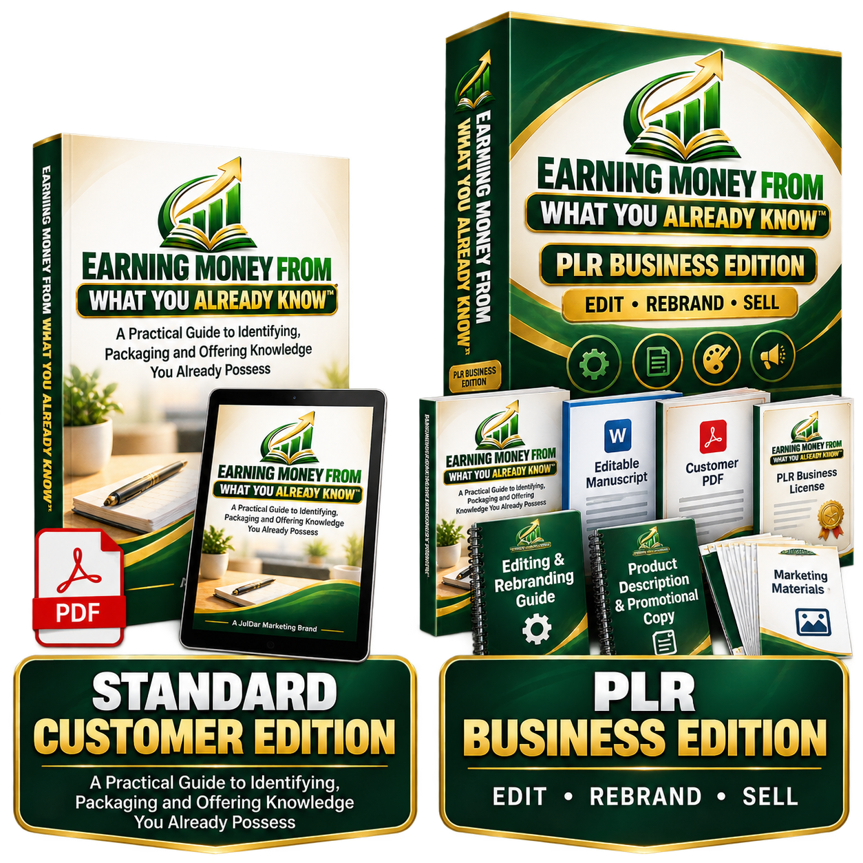 Standard Customer Edition and PLR Business Edition product bundles for Earning Money From What You Already Know